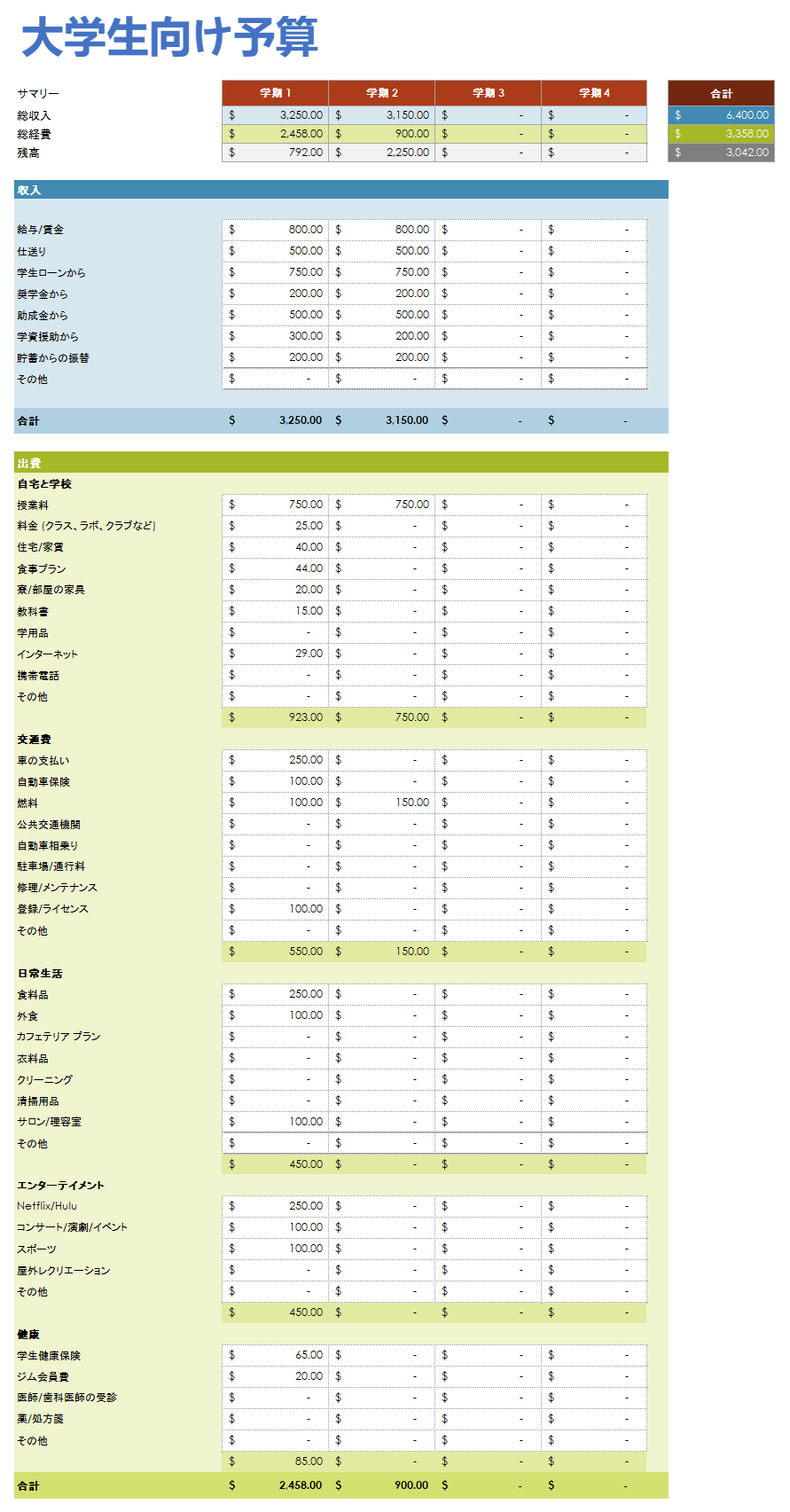  Google-大学-学生-予算-テンプレート