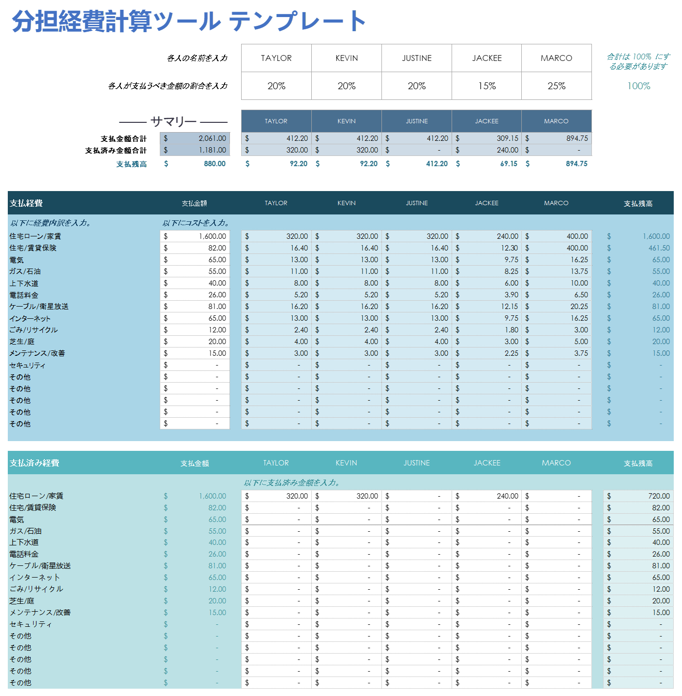  Google スプレッドシート共有経費計算テンプレート