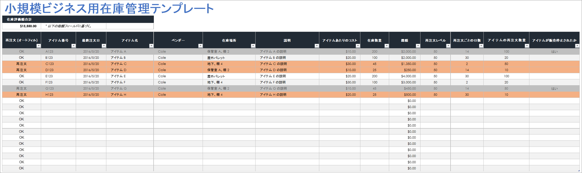  中小企業の在庫管理テンプレート