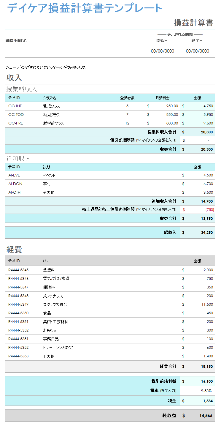 保育所損益計算書のテンプレート