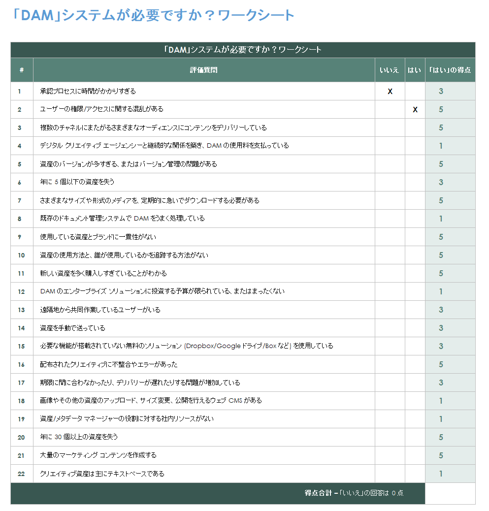 DAM システムに必要なワークシート テンプレート