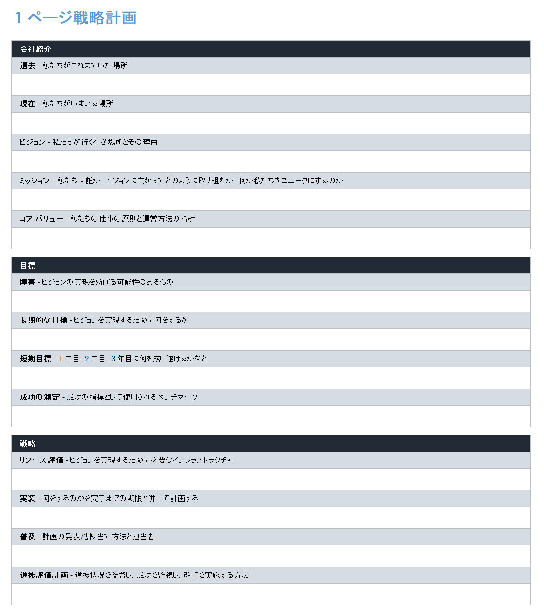 1 ページの戦略計画テンプレート